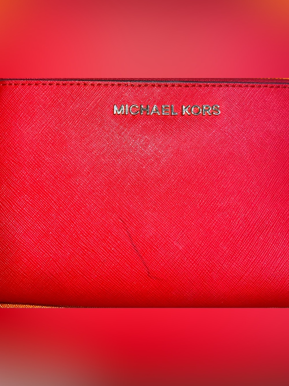 Michael Kors Red Saffiano Leather Card Wallet with Silver Logo